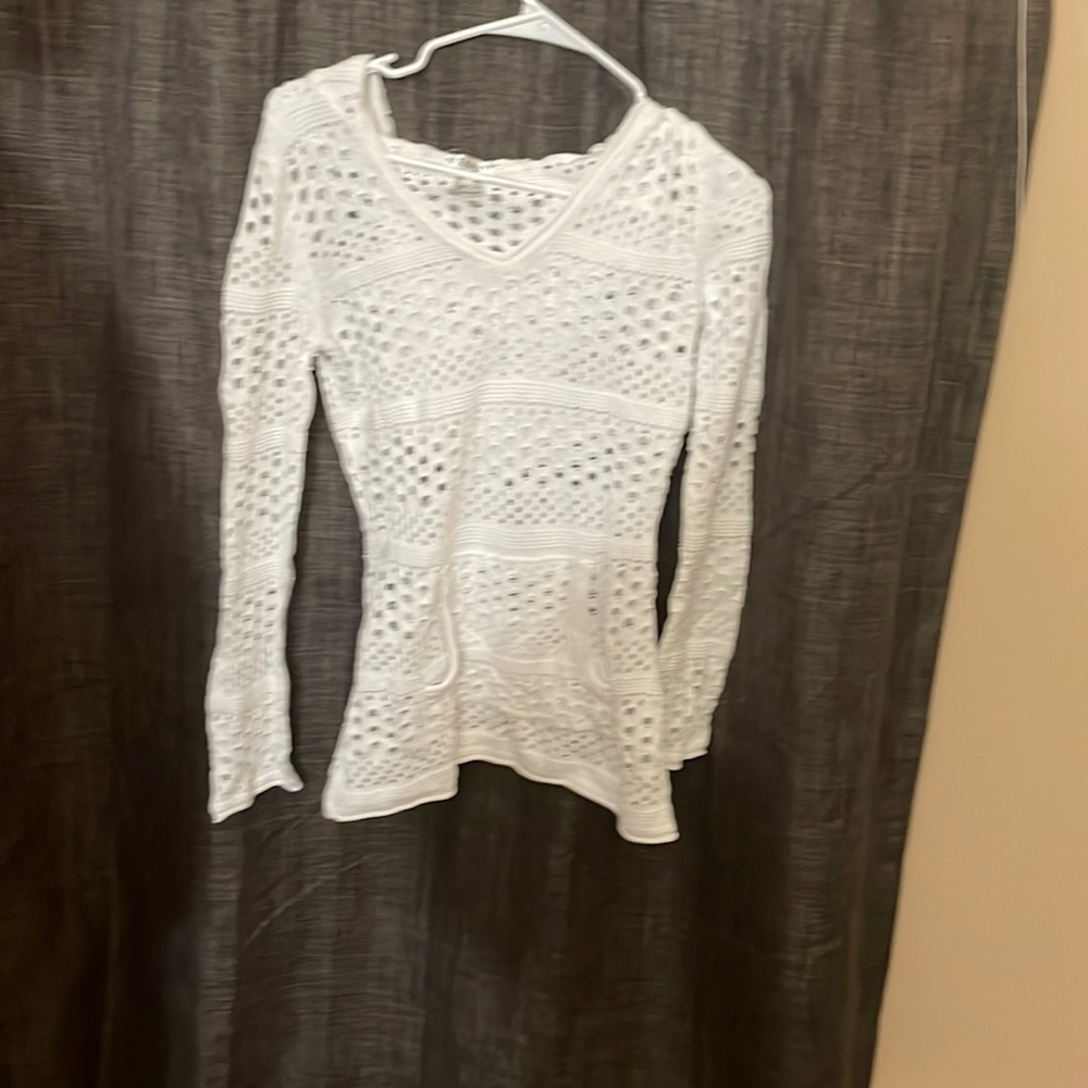 White open knit crochet v neck cover up